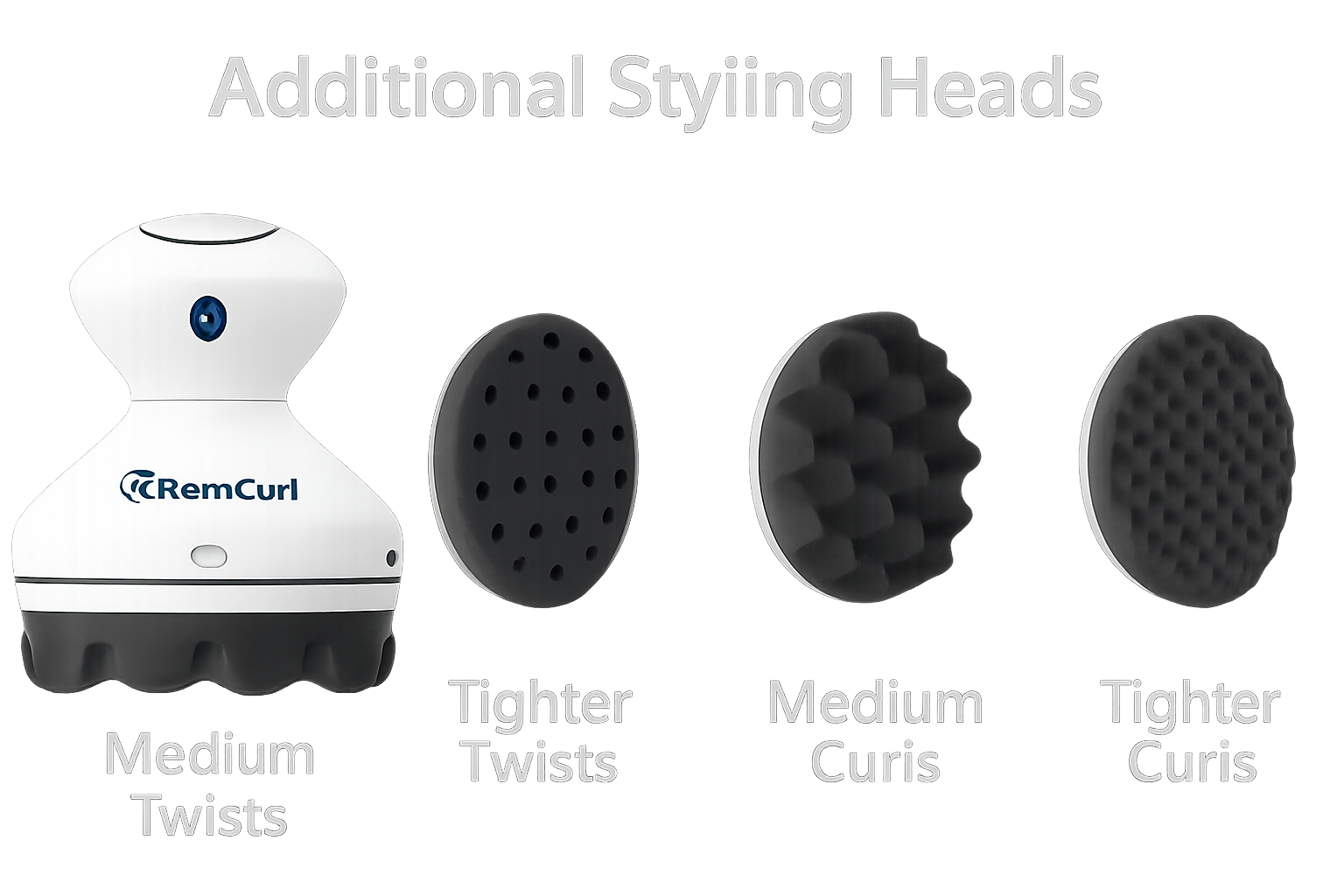 Visual comparison of four interchangeable RemCurl silicone styling heads