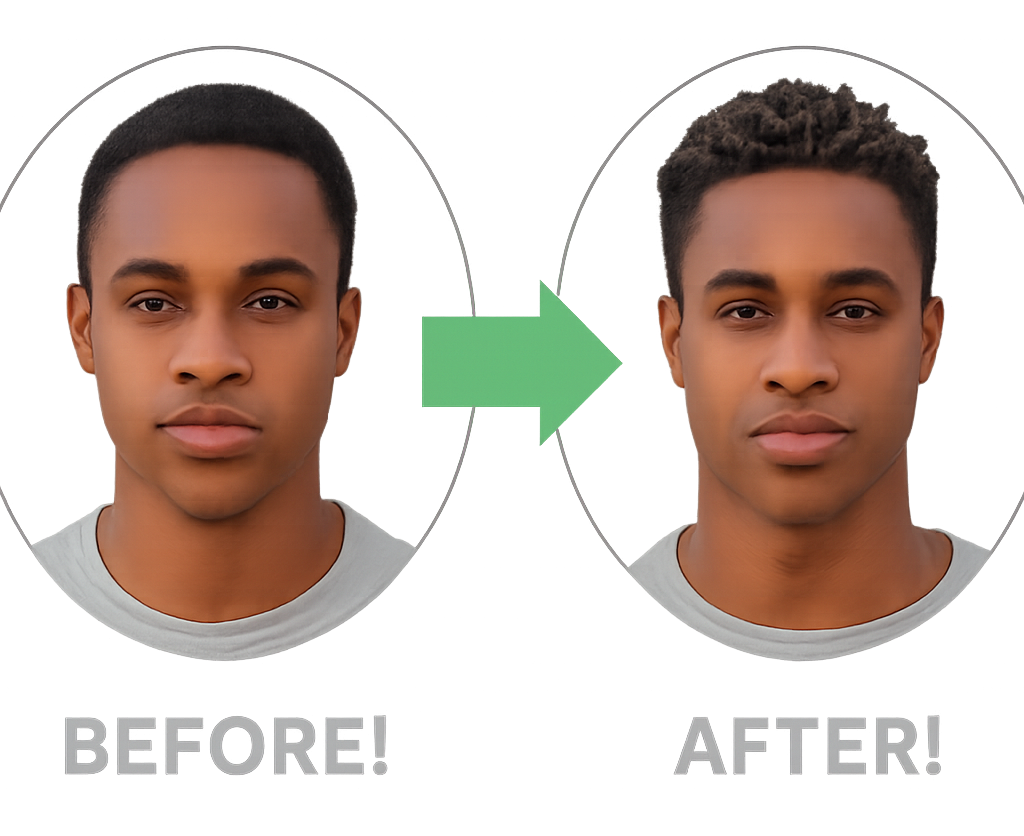 Before and after comparison showing RemCurl styling results on natural hair with defined curl twists